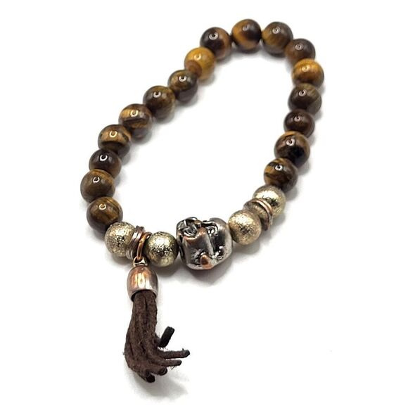 Bohemian Tiger's Eye Silver Buddha Leather Tassel Bracelet 7in - Picture 3 of 4
